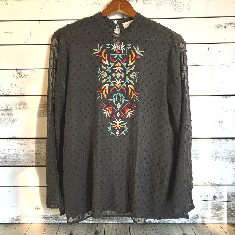 Sheer Blouse Altar'd State S Black Embroidered Swiss Dot Long Sleeve Dark Boho